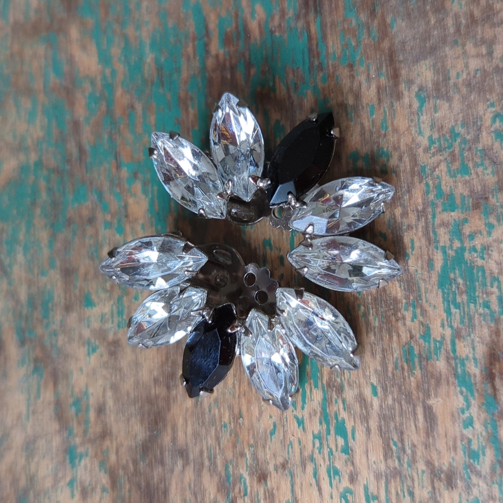 Vintage Black & Clear Rhinestone Crystal Climber Clip-on Earrings